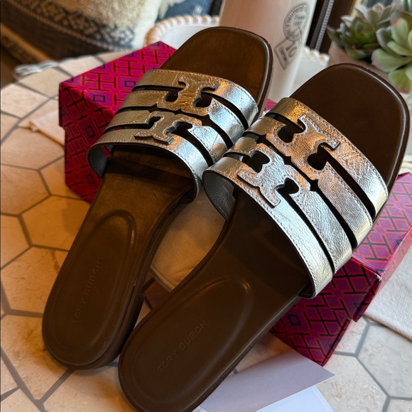 🩶 Tory Burch Ines Cage Slide Silver Wild Mushroom 🍄‍🟫 🩶 - Picture 12 of 12